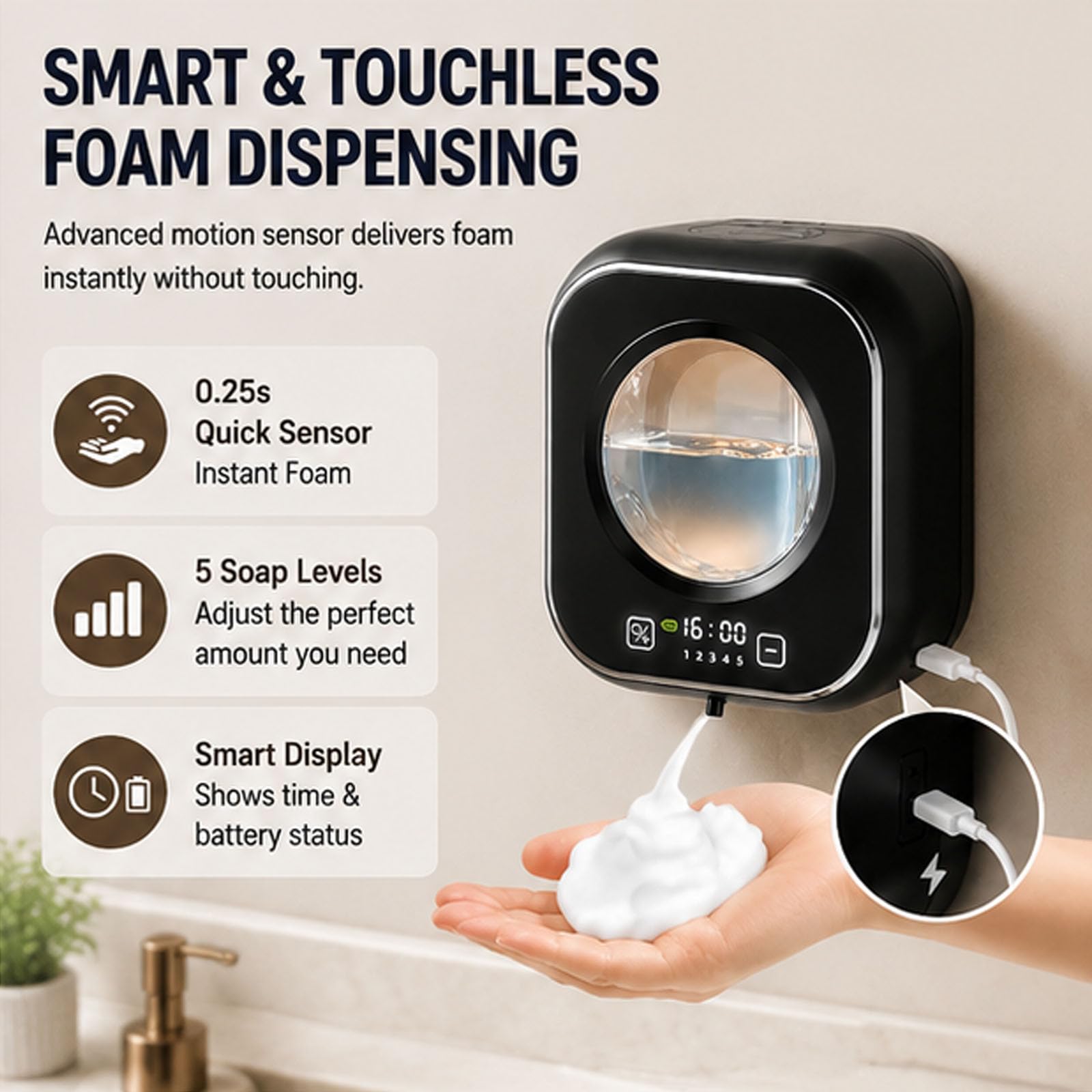 Dispensador automático de jabón sin Contacto de 320 ml, montado en la Pared