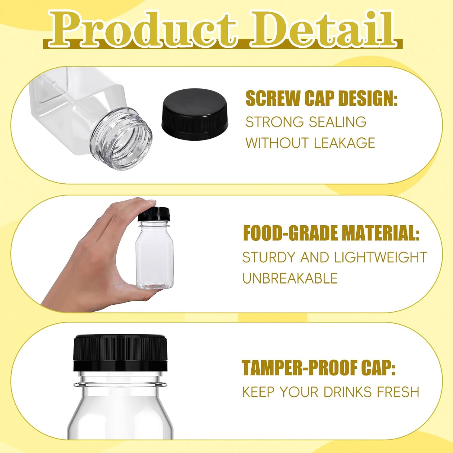 100 Pcs 4 oz Plastic Juice Shot Bottles with Caps, Clear Ginger Shots Bottle with Lids, Small Bottles for Liquids, 4 oz Plastic Reusable Leak Proof Mini Containers for Juice,Milk,Ginger,Whiskey,Water - Image 5