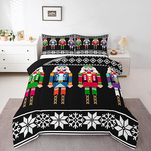Erosebridal Juego de edredón de cascanueces, tamaño King, ropa de cama retro de Navidad para niños y niños, coloridos juegos de edredón de copos de