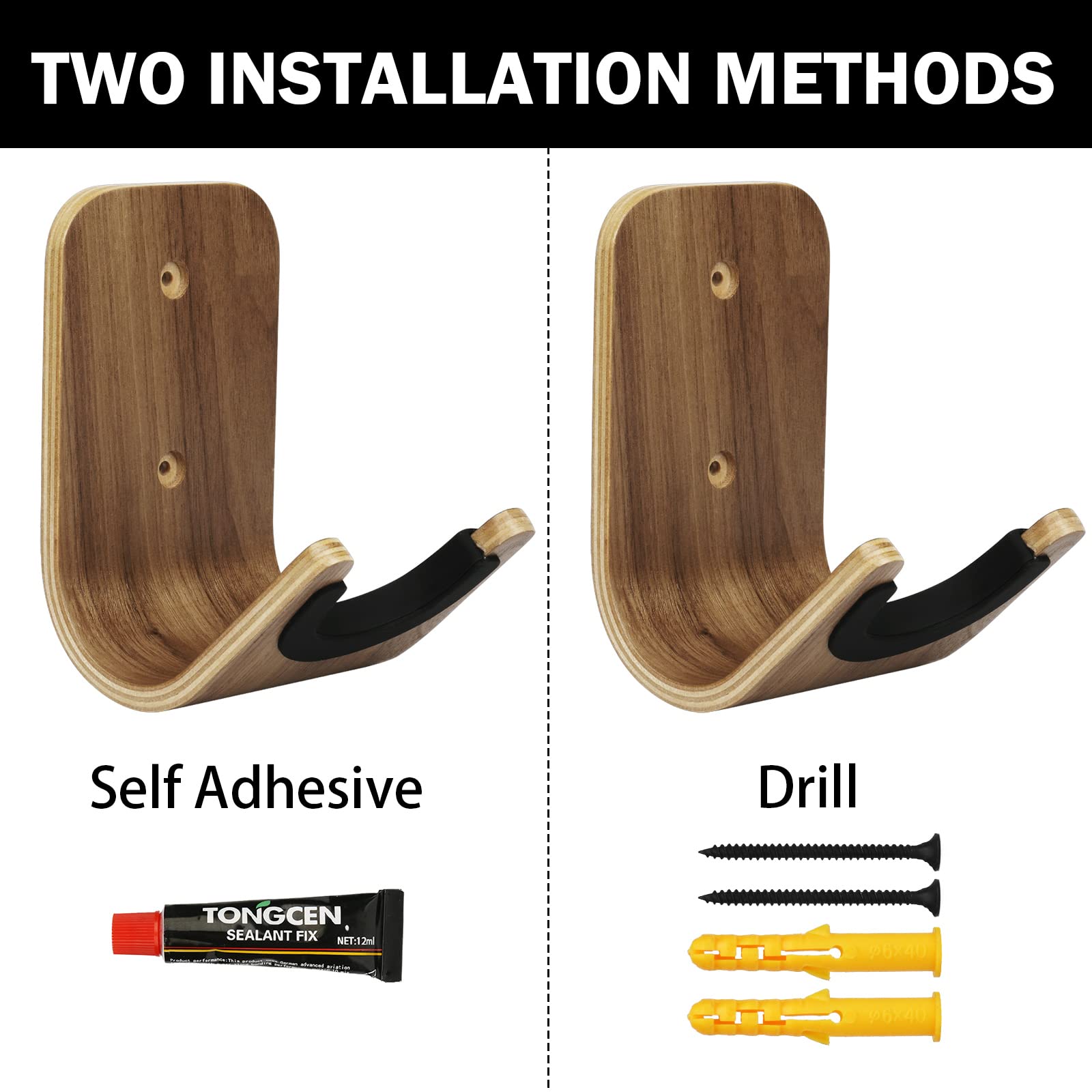 Chitarra Parete Ganci, Yuepin Supporto Chitarra a Parete Gancio Sostegno Muro Porta per Chitarra in Pannello Composito in Legno Massello con Viti e Adesivo per Chitarra Acustica ed Elettrica