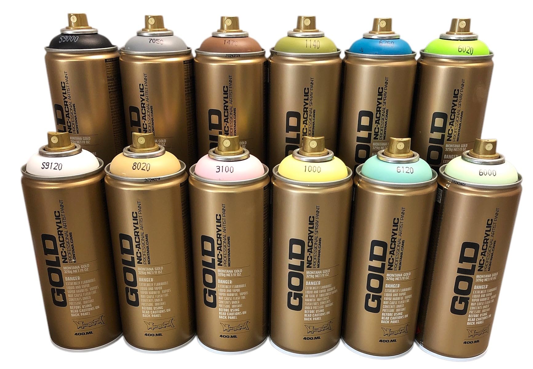 Montana Gold Premium-Sprühfarbe 12 x 400 ml - Pastellfarben auf Acryl Basis + schwarz & weiß - Low-Pressure