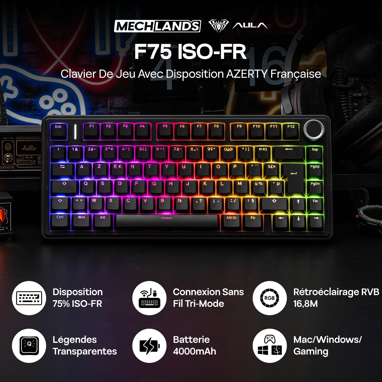 MechLands Aula F75 75% Clavier de Gaming Mécanique, AZERTY Français, Rétroéclairage RGB, Clavier de Jeu sans Fil BT5.0/USB-C/2,4 GHz, Crémeux, Molette, Reaper Switches pour Win/Mac (Noir)