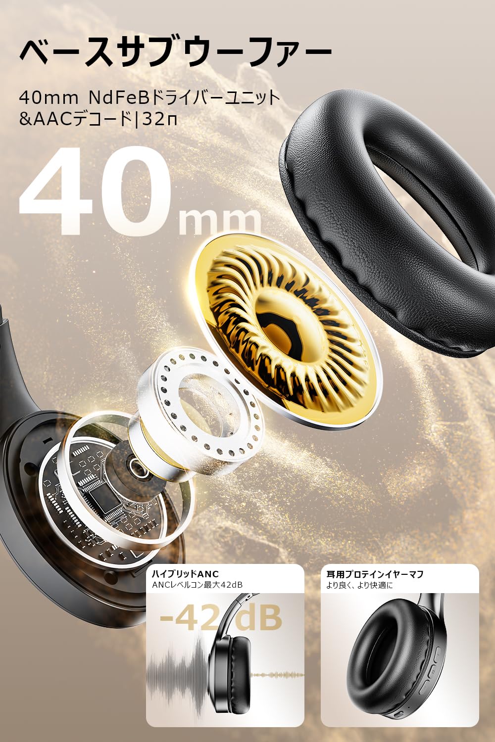 (Noise Reduction, Focus on Music) Headphones, Bluetooth 5.4, Wireless Headphones, ANC Noise Cancelling, ANC + ENC Compatible, Microphone Included, Up to 48 Hours Continuous Playback, Both Wired and Wireless, EDR HIFI Sound Quality, No Delay, Compatible with Multiple Models, Hands-free Calling, Sealed Type, Sound Leak-Proof, Lightweight, Foldable, For Commuting to Work or School, Music, Movies, Games, Japanese Instruction Manual Included, Black - 4