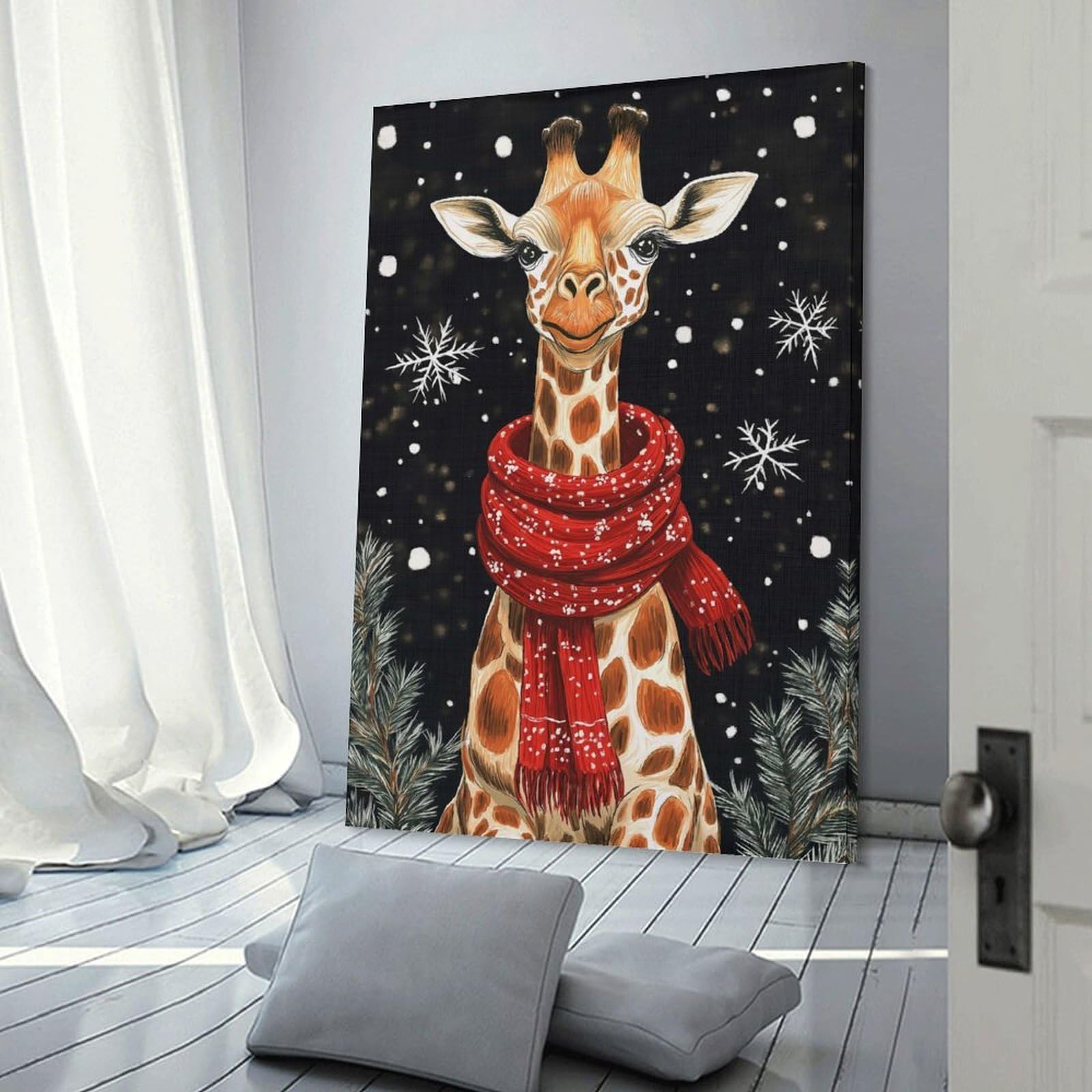 Junmoney Cute Giraffe in Winter Scarf Wall Picture Print, 20x30inch(50x75cm), for Apartment Walls, Studios Or Work Areas, Stylish Wall Art for Fresh Spaces