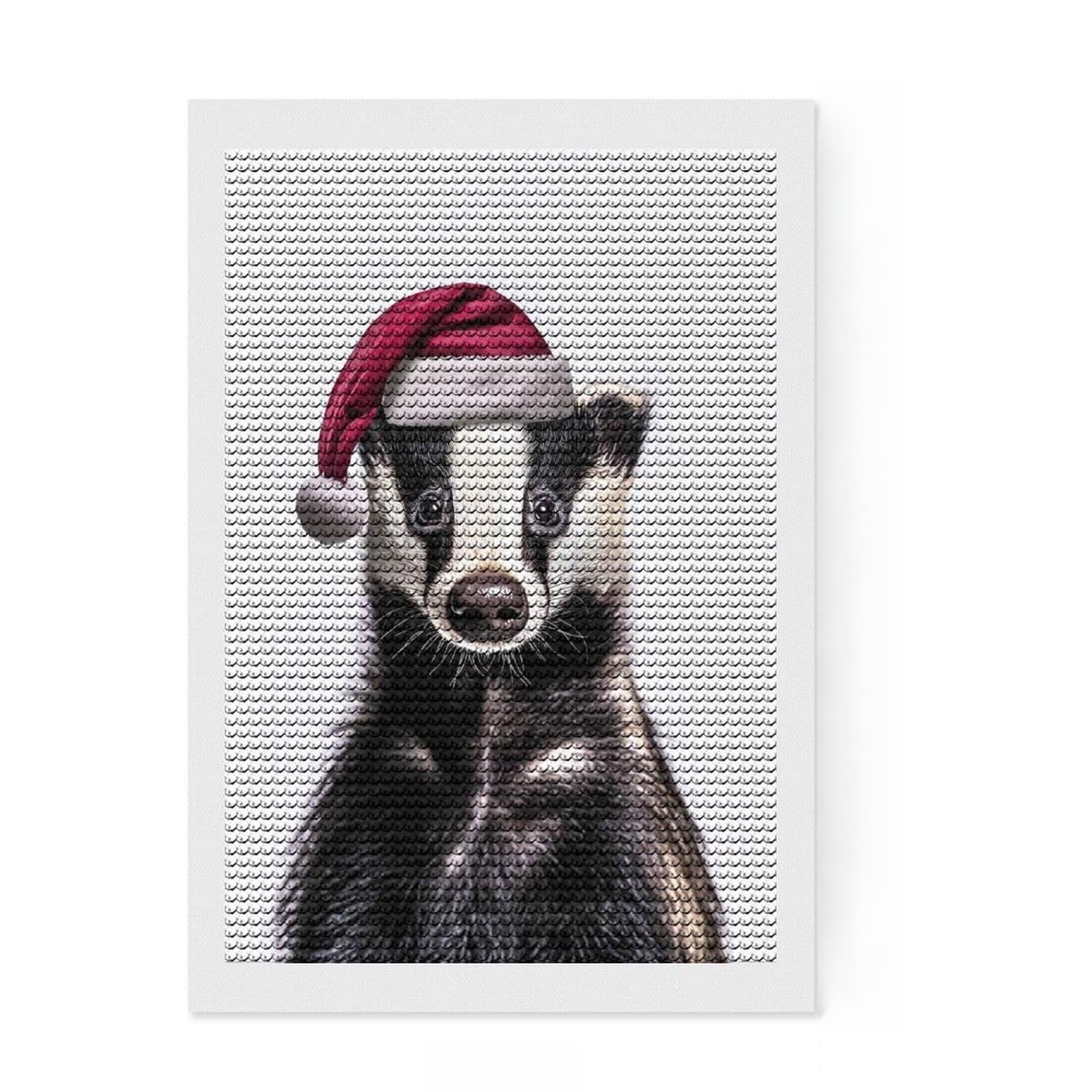 Junmoney Badger Wearing Santa Hat Diamond Style Art Kit 8"x12", Christmas Gift, for Family Craft Time, Vintage Style Decor, Creative Gift Idea