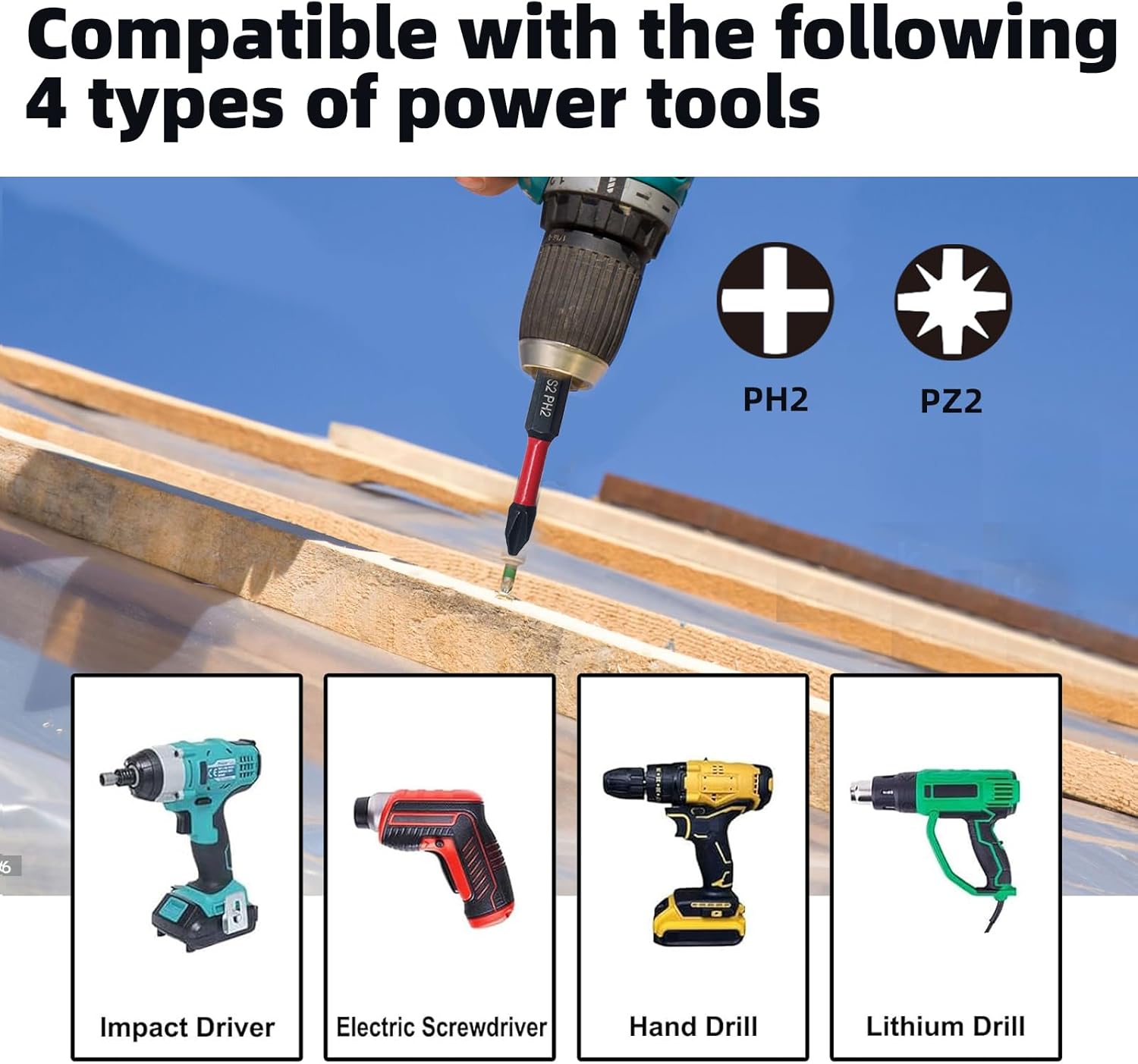 Impact Phillips Screwdriver Bits Set, 32 non-slip screwdriver bits, S2 steel, 2-inch PH2-PZ2 bits Setting, 1/4-inch hexagonal shank impact driver bit, with impact driver bit holder and storage case