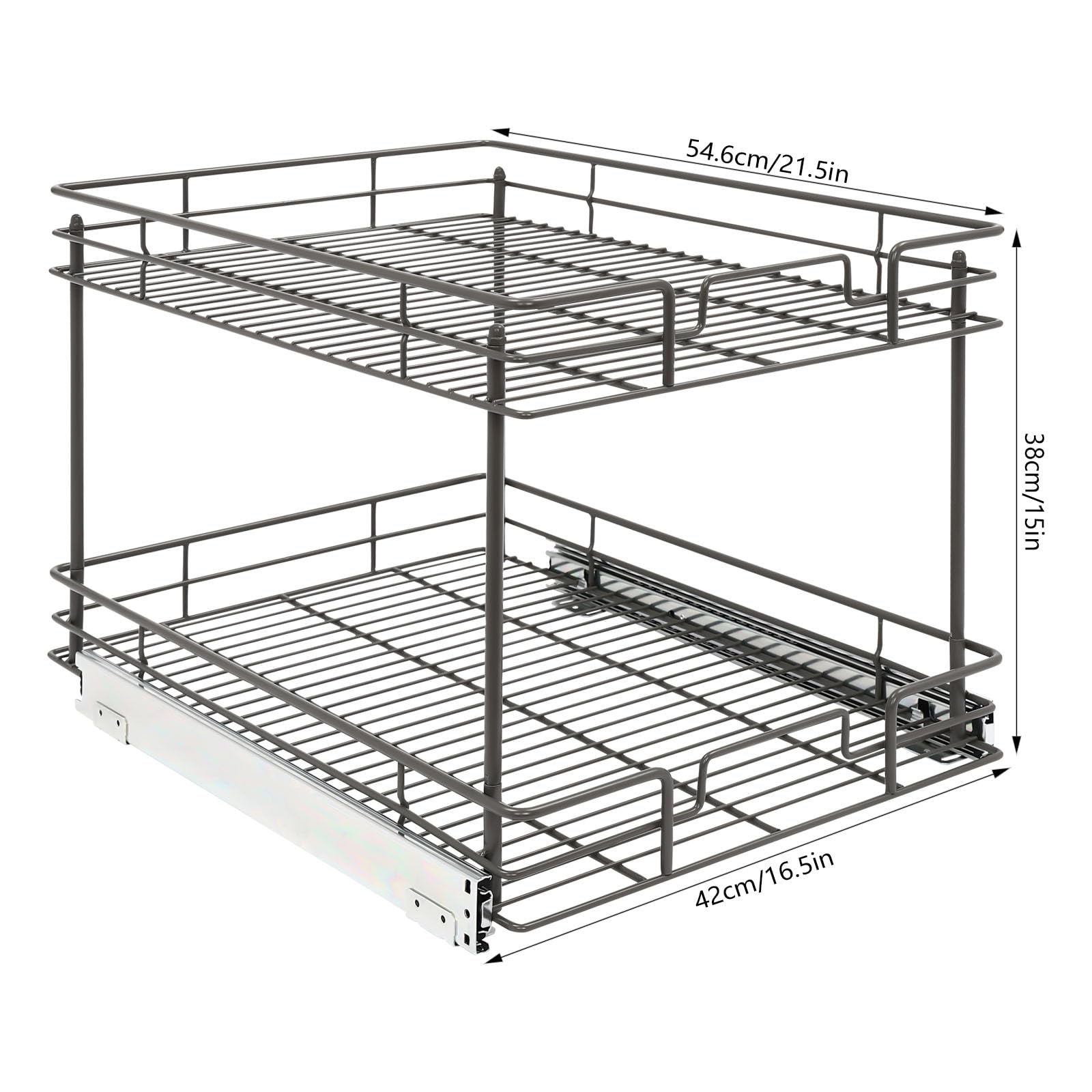 Pull Out Cabinet Organizer, 2 Tier Pull Out Drawers for Kitchen Cabinets, Double Tier Wire Basket Slide Out Shelf for Base Cabinet Organization ?in Kitchen, Bathroom, Gray (16.5