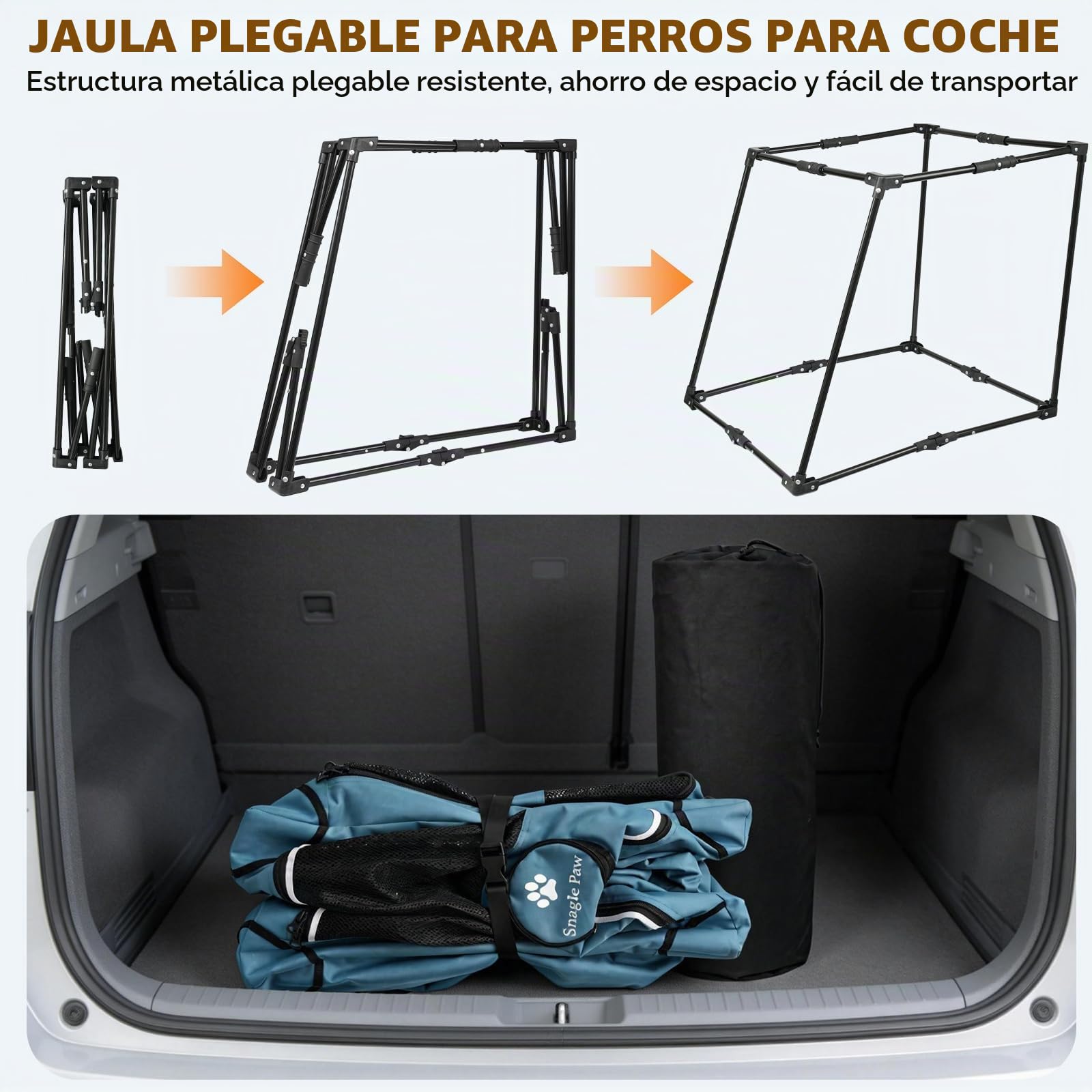 Snagle Paw Jaula portátil para perros para viajes en coche, armazón de metal para mascotas, transportín para mascotas para asiento trasero de coche, se asegura con correa para reposacabezas y cinturón