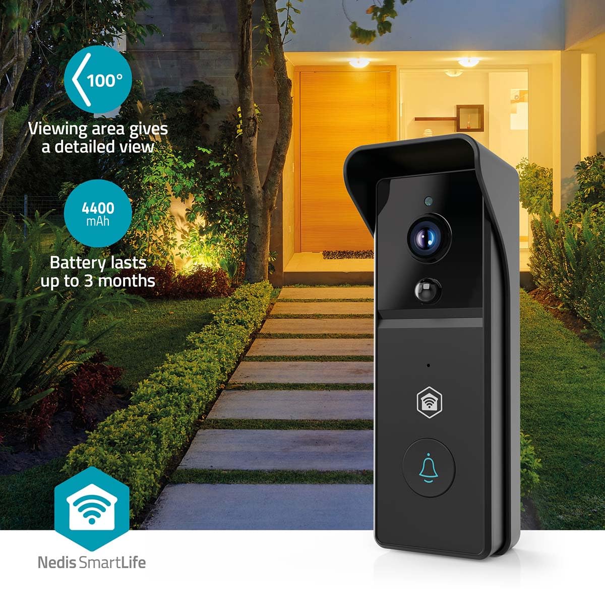 Nedis WIFICDP21BK | Sonnette Vidéo Wi-FI | 3MP 1296p | Grand Angle 100° | Vision Nocturne Infrarouge | Détection Mouvement | Audio Bidirectionnel | Batterie 4400 mAh | Noir