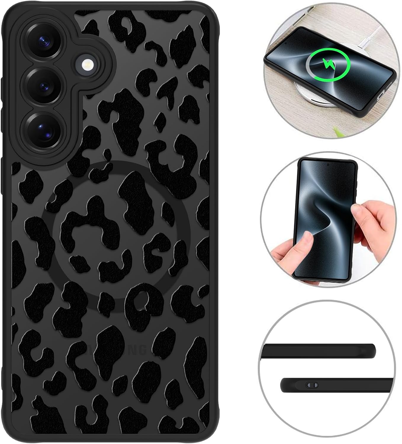 MZELQ Magnetic Case for Samsung Galaxy S26 Plus, Clear Leopard Cheetah [Compatible with Magsafe Charging] Translucent Matte Hard Shockproof Camera Protection Cover for Women Men, Frosted Black