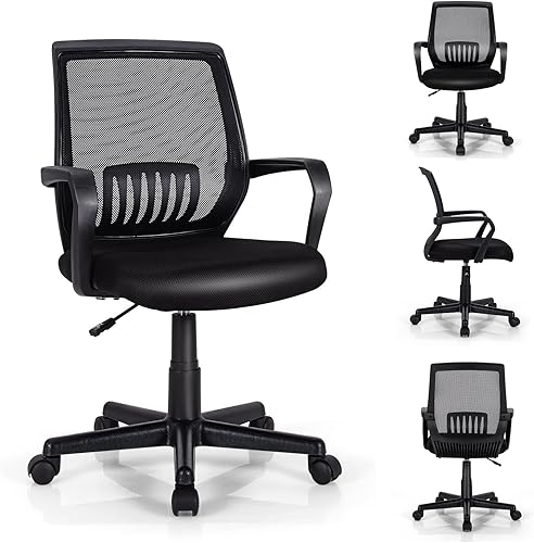 GRAFFY Office Desk Chair, 300 LBS Rolling Mesh Computer Chair w/Cushioned Seat, Adjustable Height, Lumbar Arm Support, Mid Back Swivel, Black