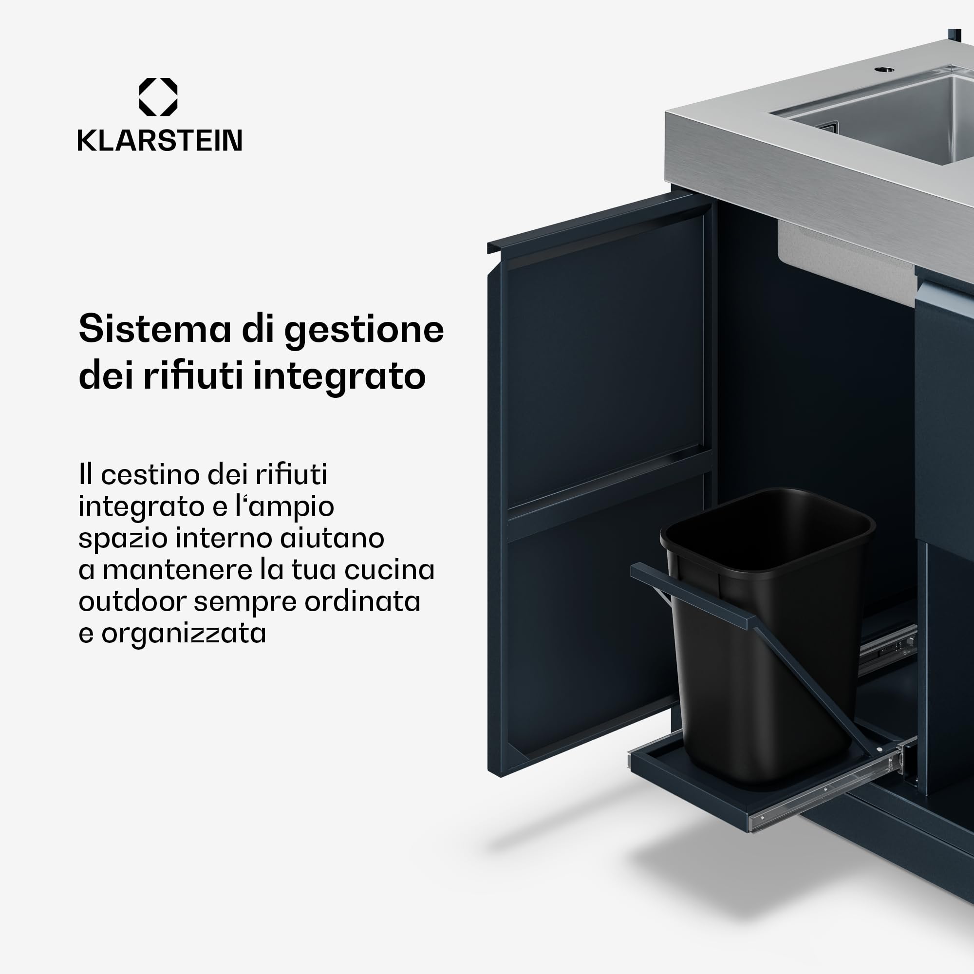 Klarstein WaldChef Mobile con lavello - Mobile per cucine esterne con lavello e piano di lavoro in acciaio inox, acciaio verniciato a polvere, ripiano & cestino estraibile per rifiuti