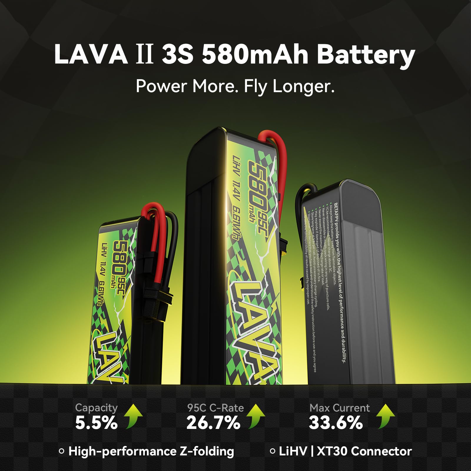 BETAFPV Lava II 3S 580mAh 11.4V 95C LiHV Lipo Battery with XT30 Connector for Brushless Whoop Drone