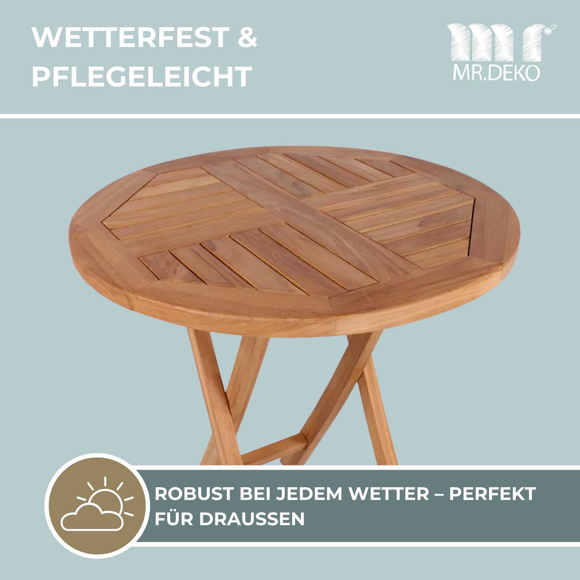 MR.DEKO Balkontisch klappbar Sutton Klapptisch Balkon Gartentisch rund | 70x70cm wetterfestes Teakholz