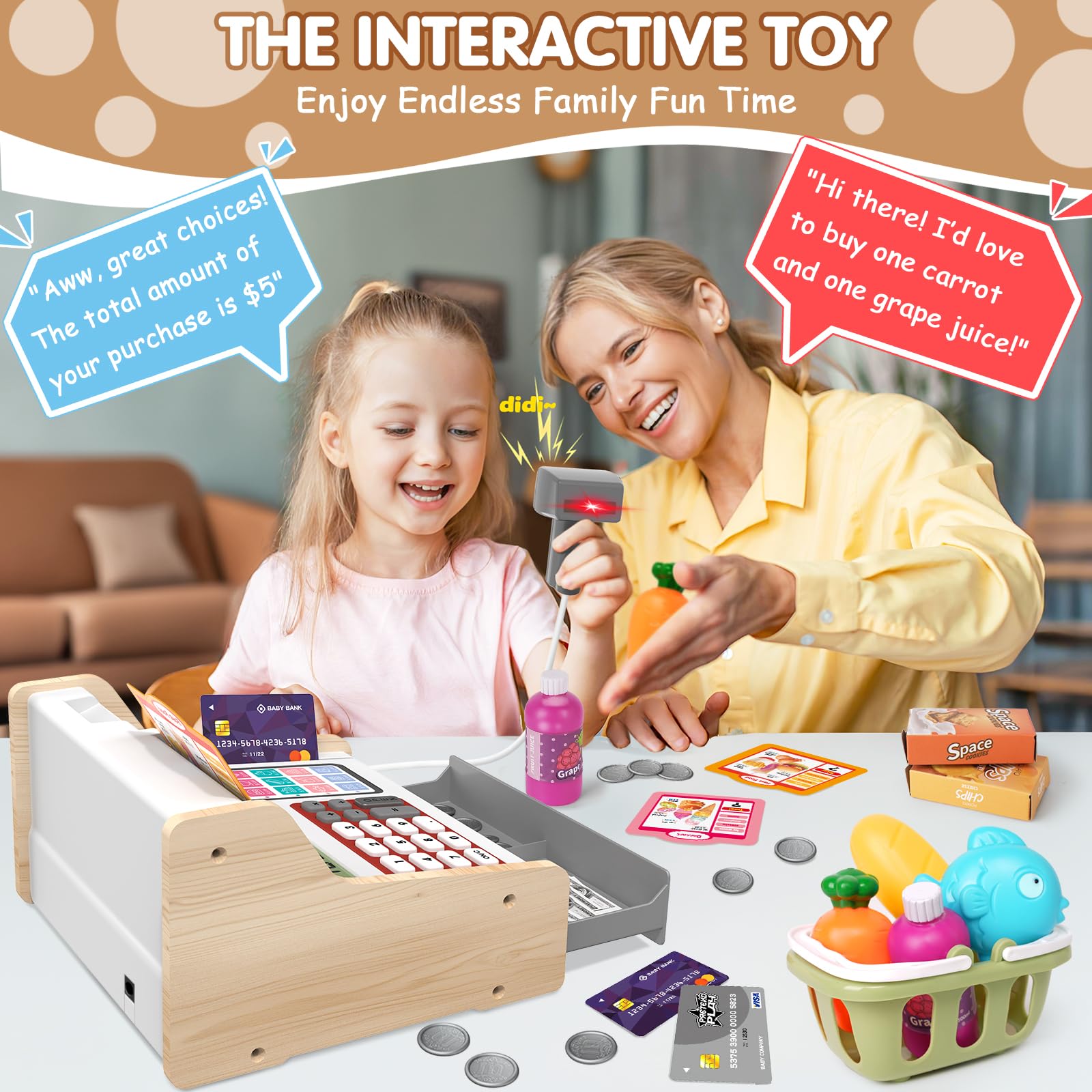 2026 Wooden Cash Register with Scanner Calculator Till Toy for Kids Ages 3+ - Image 2