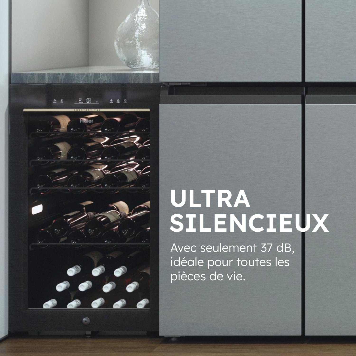 Haier Cave à Vin 49 Bouteilles 1 Porte Classe Énergétique F Froid Statique Noire 82 x 49,7 x 58,5 cm HWS49GAE