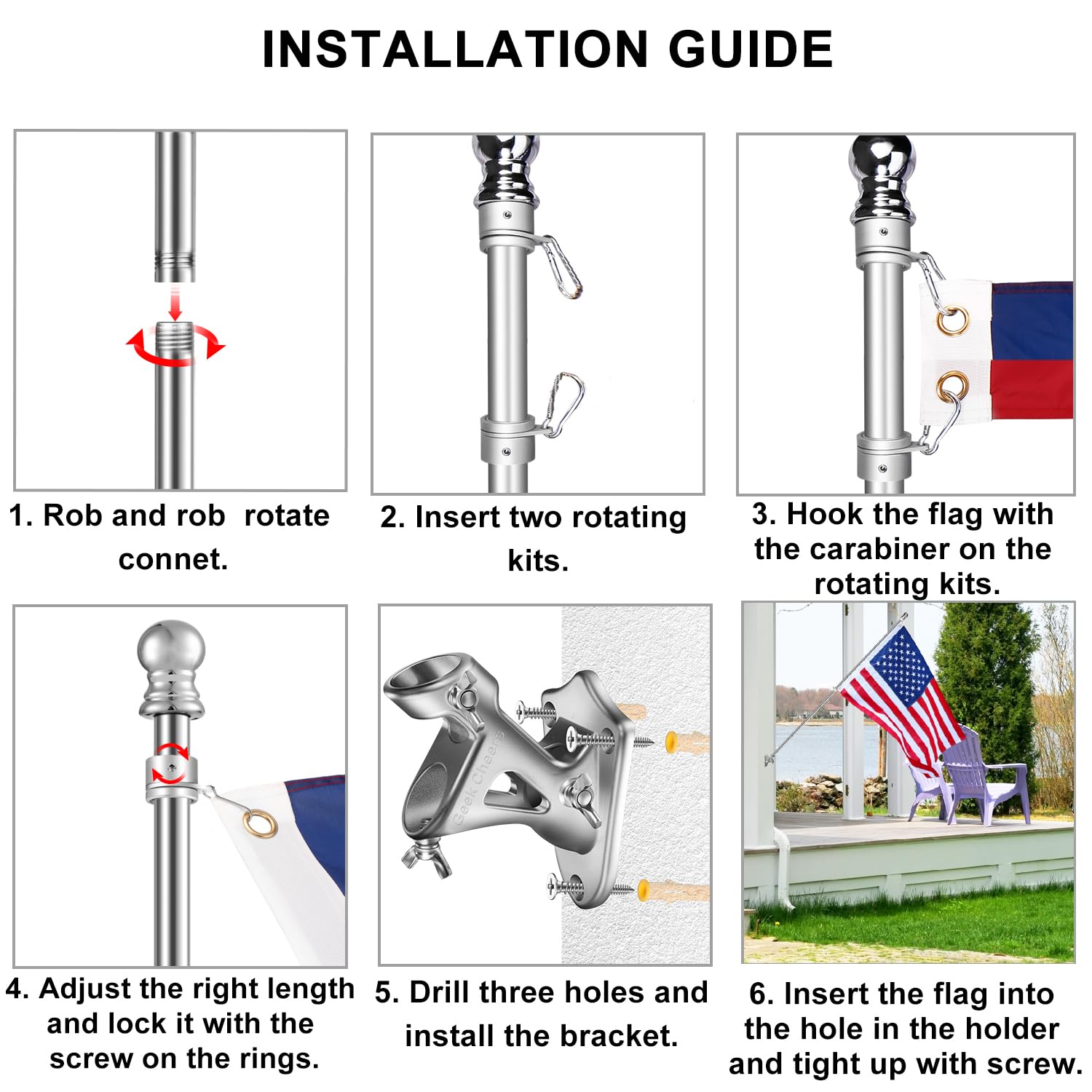 Robuster Flaggenmast aus Edelstahl mit Flaggenhalterung, 2 Positionen für 2,5 cm Fahnenmast zur Wandmontage, für Haus, rostfreie Fahnenmasthalterung, silberfarben mit Bohraufsatz, 1 inch