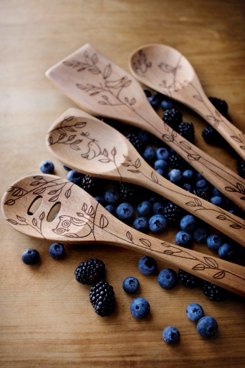 Beechwood 12" Slotted Spoon with Owl Etching