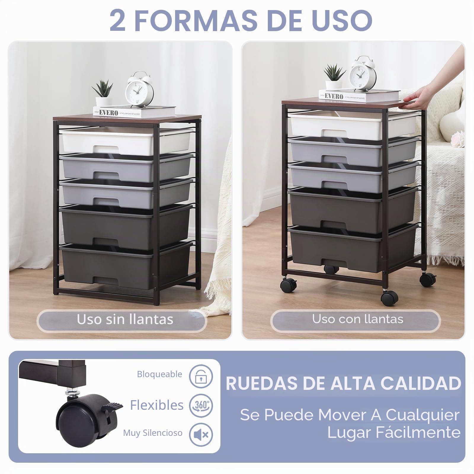 SYKIARIOL Carro de rodillos con 5 cajones para baño, carro de cocina con ruedas con tablero de madera, carro con ruedas para cocina, sala de estar, dormitorio, oficina, color gris