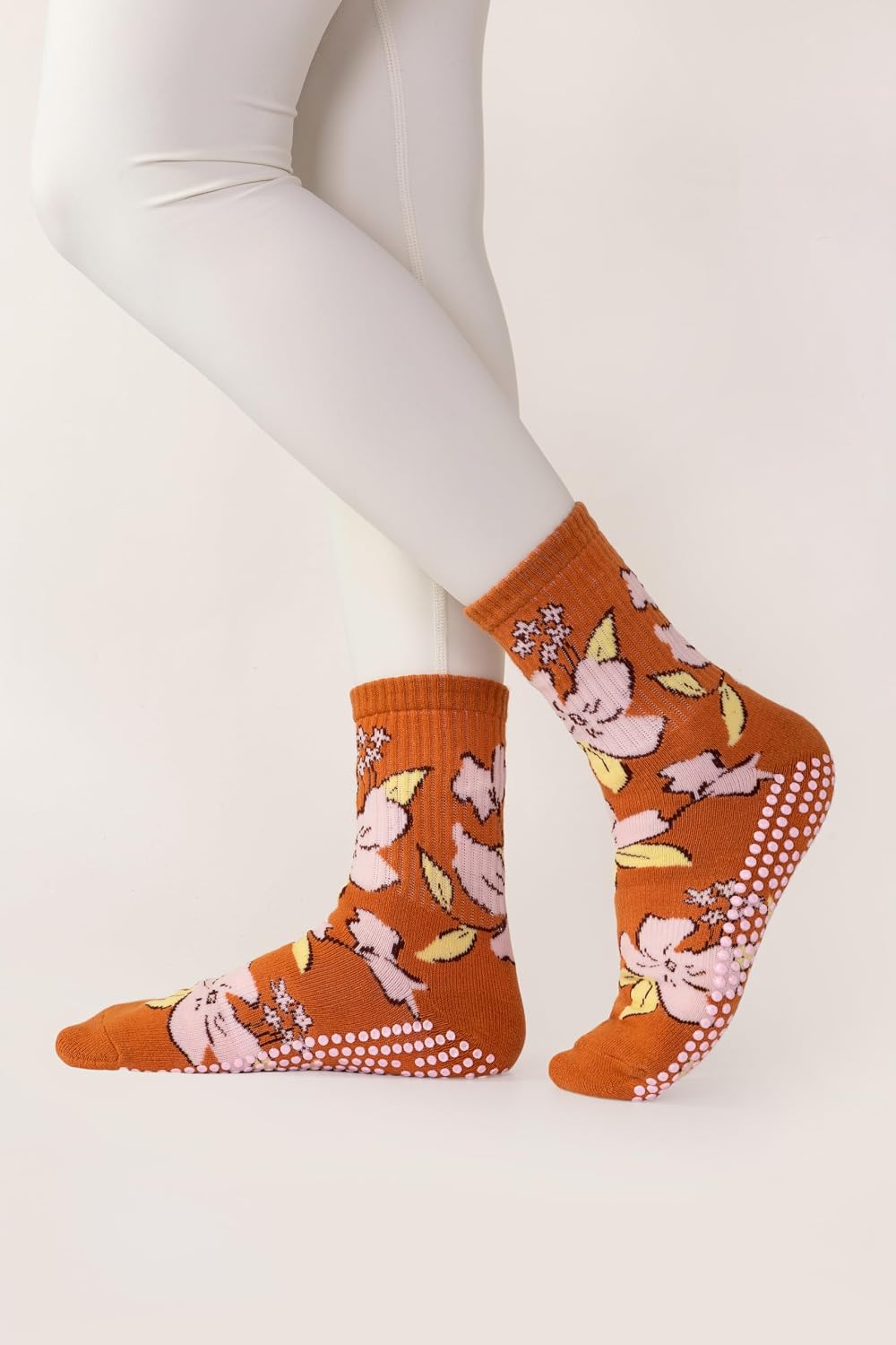 Womens Floral Pilates Grip Socks Non Slip Funky Ribbed Crew 1 Pair | Premium cotton sticky socks with athletic elastic cuff and funky floral prints for reformer pilates barre yoga studio