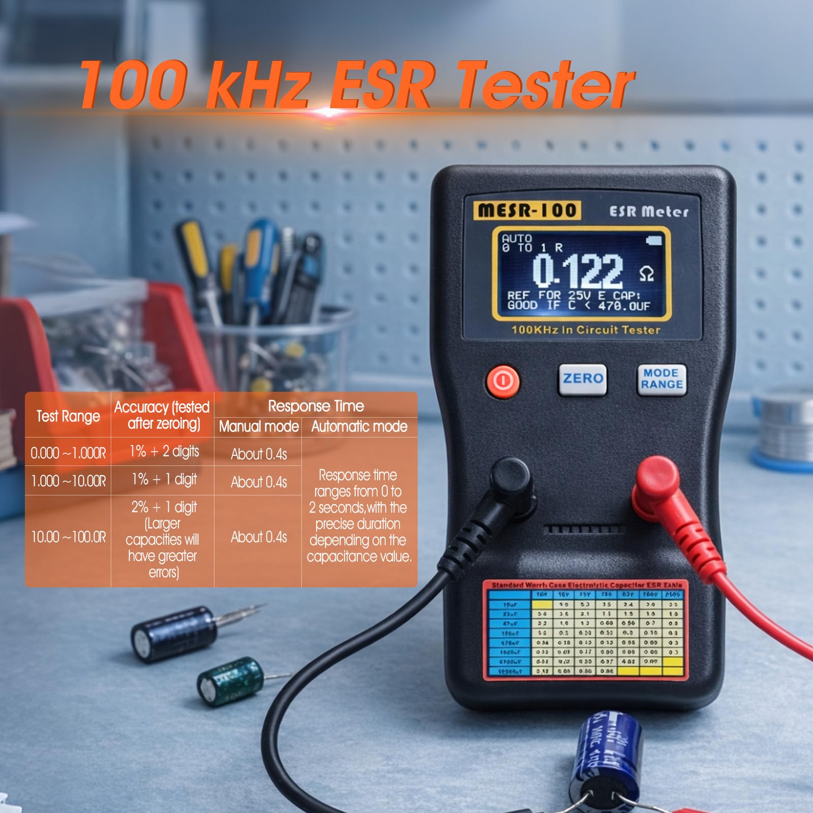 Testeur ESR à condensateur ESR 0,001 ~ 100,0 Ω, ESR 100 KHz onde sinusoïdale portable, condensateur LCD ESR, compteur de capacité pour réparation électronique