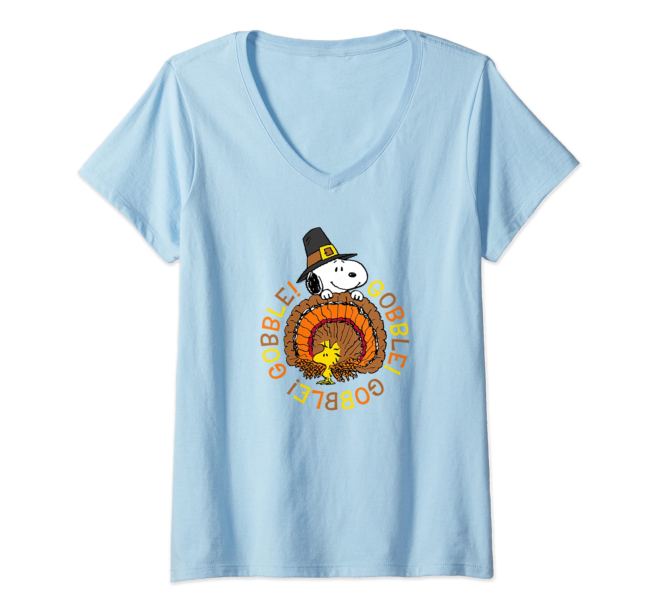 Womens Peanuts Snoopy and Woodstock Thanksgiving Gobble V-Neck T-Shirt