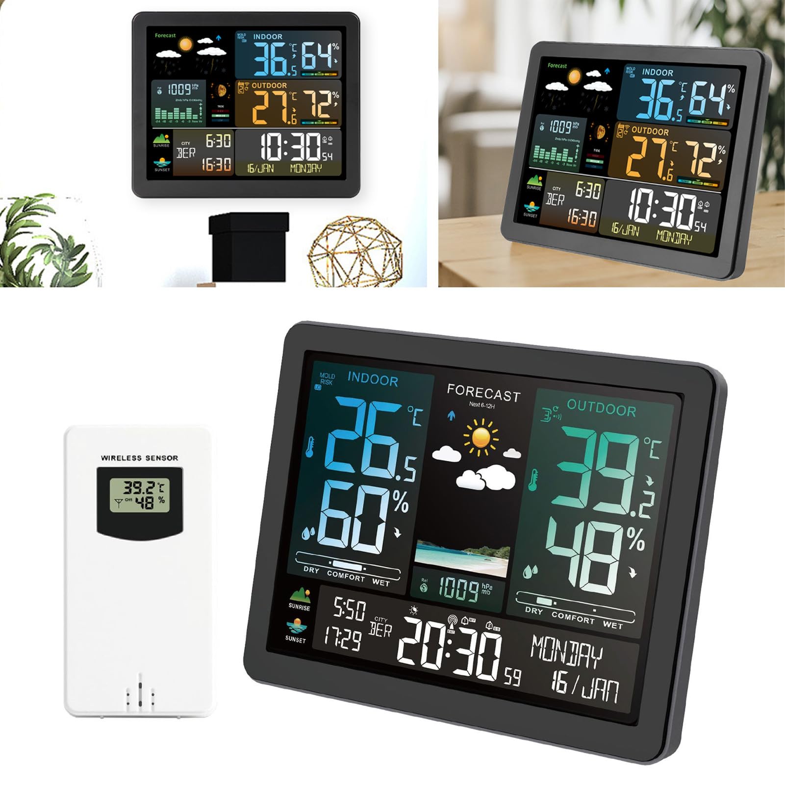 Asixxsix Drahtlose Wetterstation, Innen-Außenthermometer mit 6 Wettervorhersagen, Luftdrucktrends, Temperatur- und Luftfeuchtigkeitsaufzeichnungen für Zuhause, Wohnzimmer, Babyzimmer,