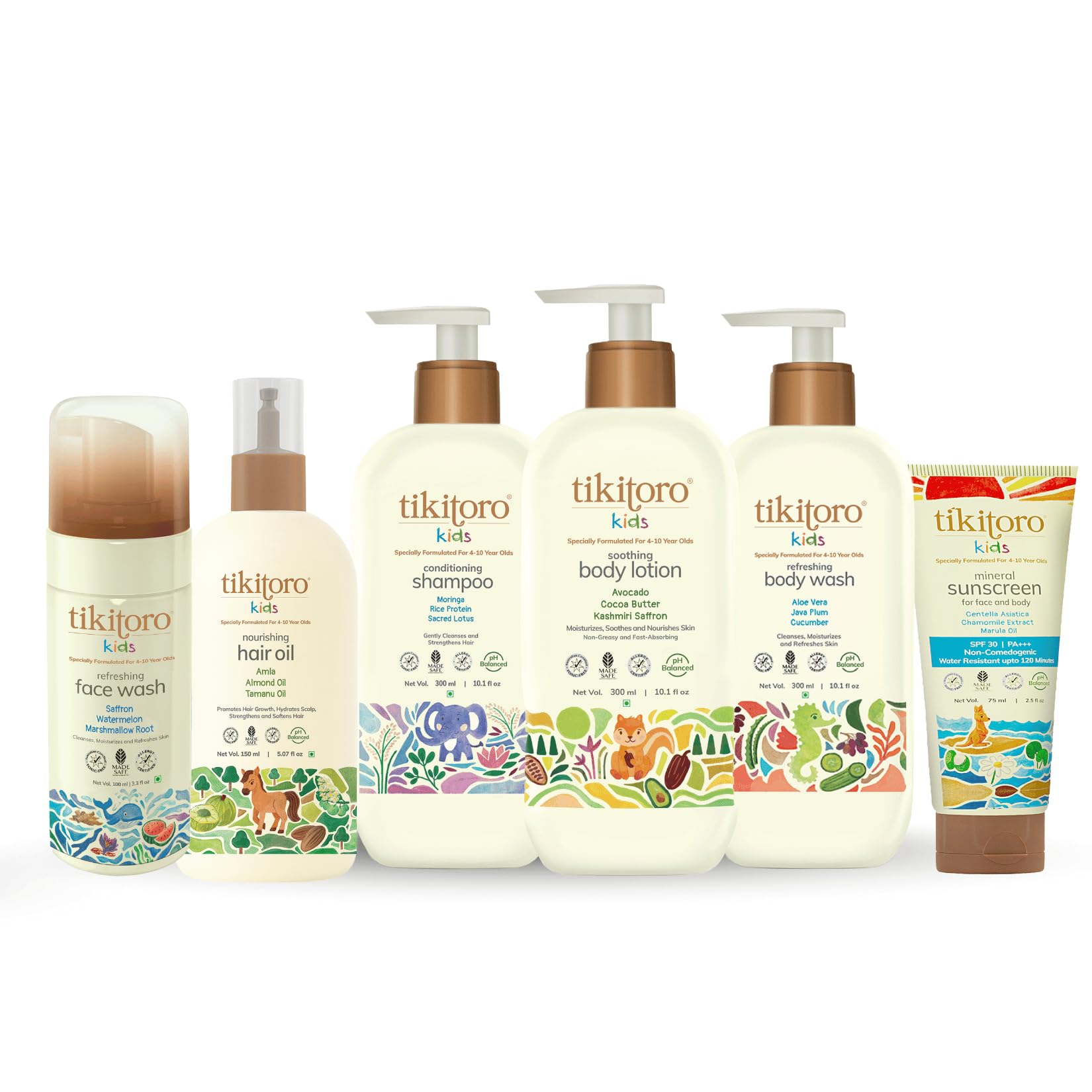 Tikitoro Kids Total Care Combo With Refreshing Body Wash, Conditioning Shampoo, Soothing Body Lotion, Refreshing Face Wash, Nourishing Hair Oil, & Mineral Sunscreen With SPF 30+ (Age: 4+) (Pack of 6)-picture-10