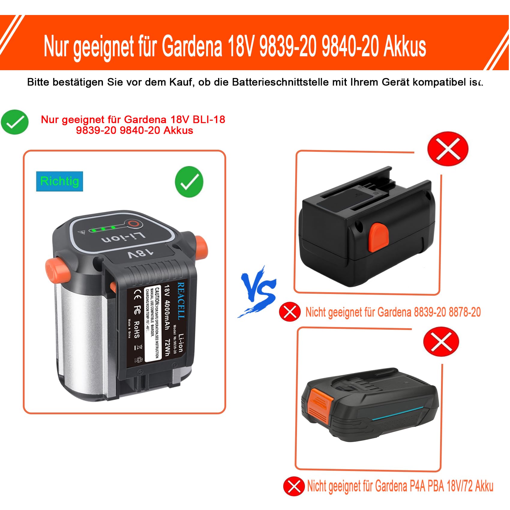 18V 4000mAh 9839-20 Akku Kompatibel für Gardena Akku 18V BLi-18 9840-20 9839-20 Kompatibel mit Gardena Li-ion System Li-18 Werkzeugen 5023-20 5039-20 9837-20