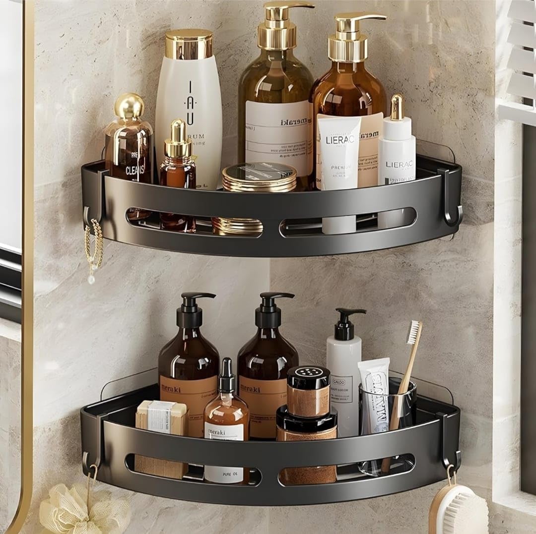 SR 2 PES Plastic Self-Adhesive Wall-Mount Bathroom Corner Shelf Rack Organizer Storage Shelves Holder/Accessories (Black, Pack of 2)