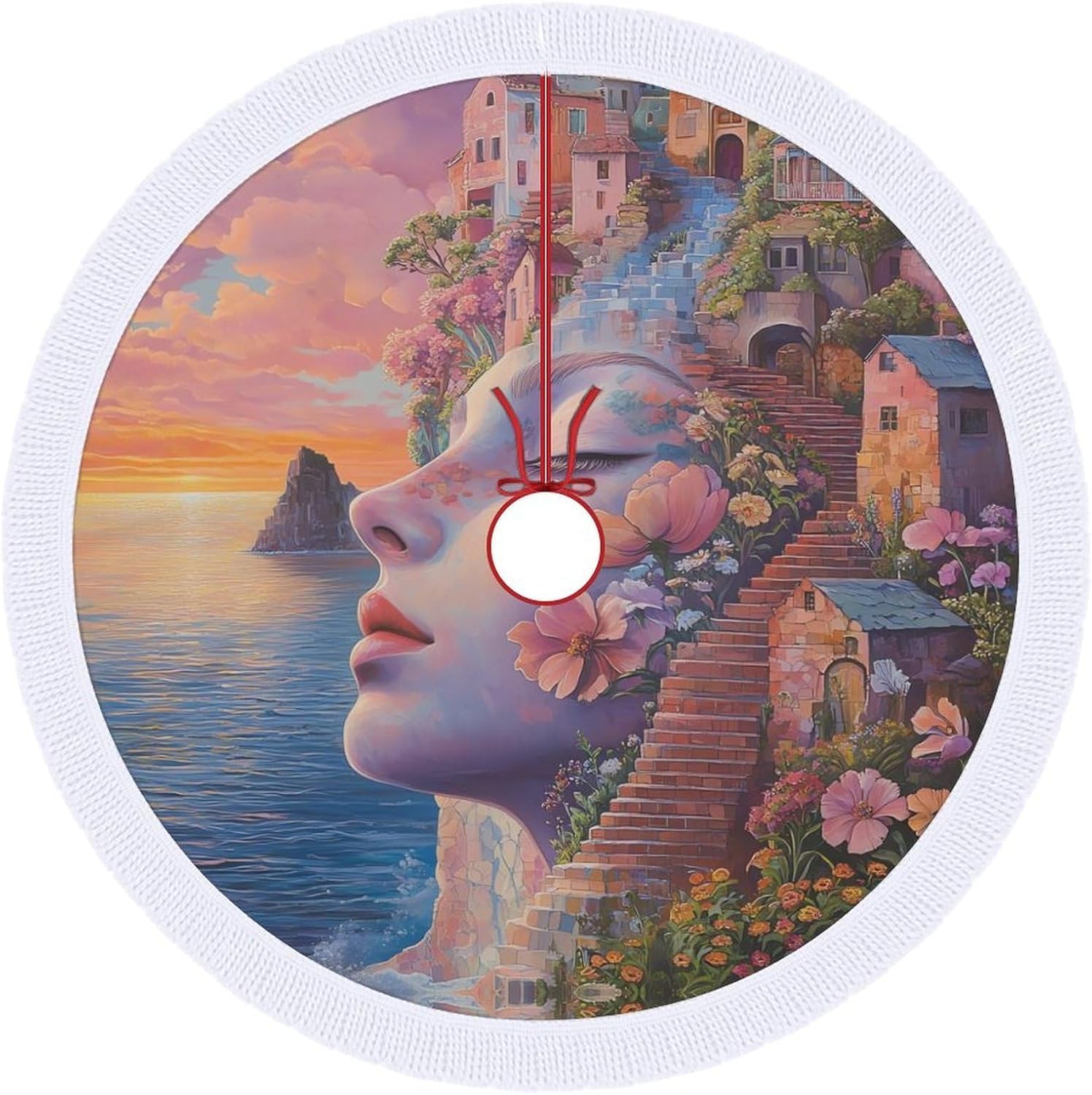 Beach Womans Face House Christmas Tree Skirt Round Xmas Tree Mat Ornaments Tree Skirts with Tassels for Holiday Party