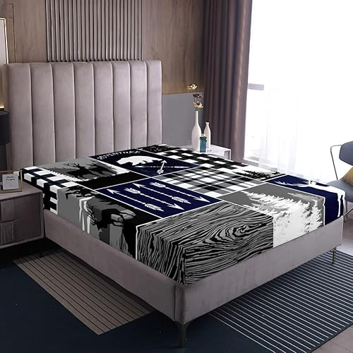 Miniatura 229 de Sábana bajera ajustable de oso de caza, juego de ropa de cama a cuadros de búfalo, sábanas de retazos de cabaña rústica para niños, niños, Multi