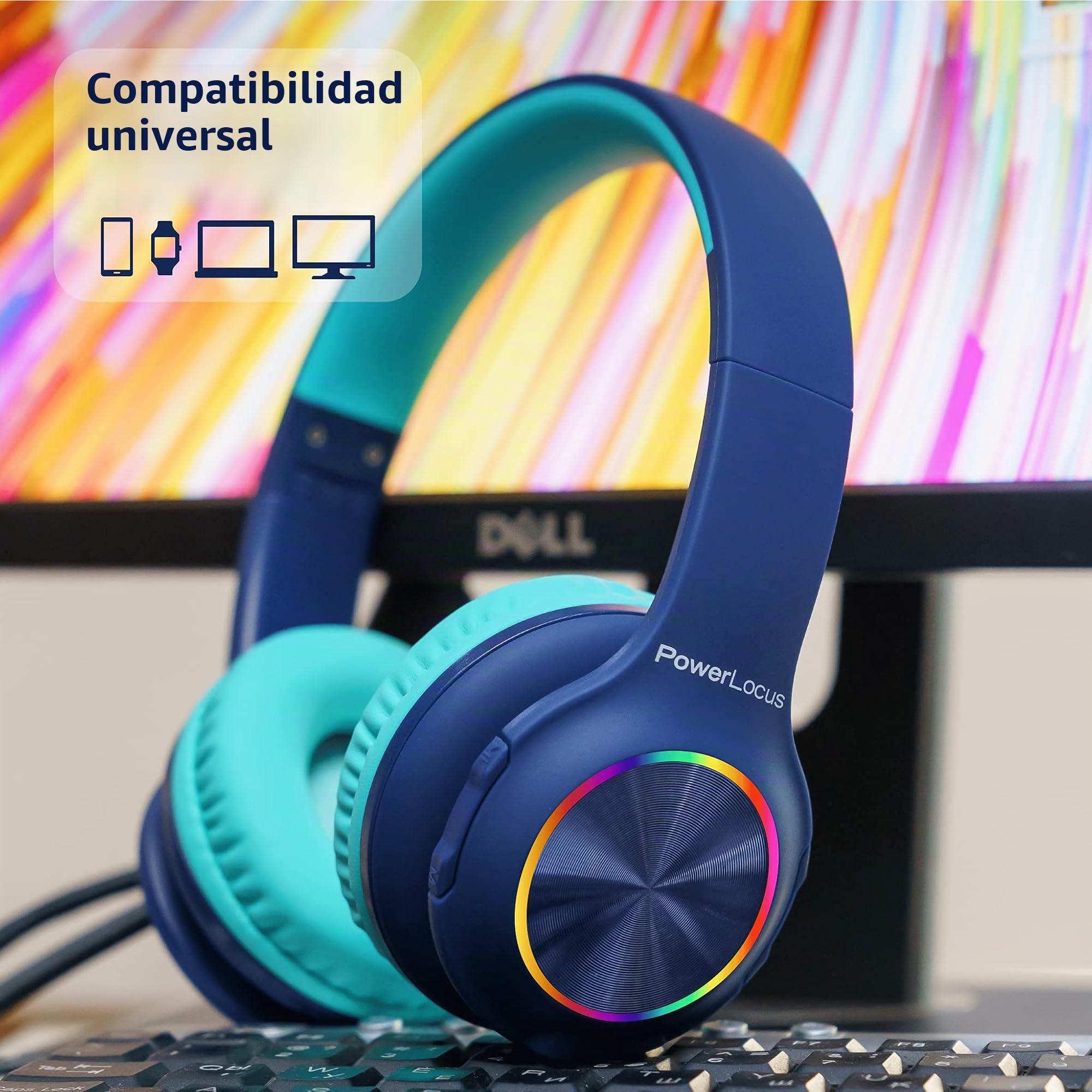 PowerLocus - Auriculares Bluetooth Plegables inalámbricos para niños con Luces LED, HD estéreo, USB-C de Carga rápida, micrófono Integrado, SD Modo y con Cable para iPhone/Tabletas/TV