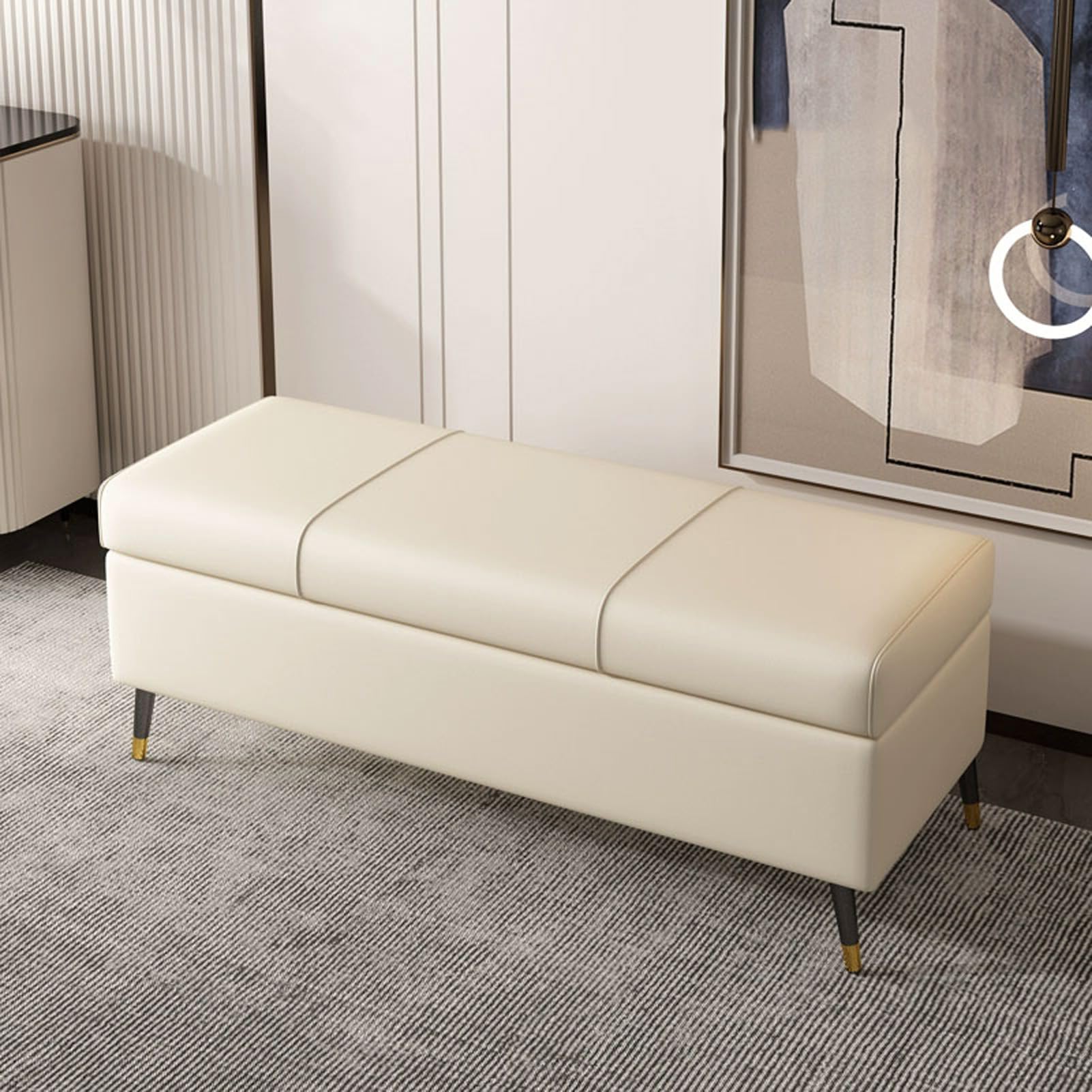 Banc ottoman de rangement en cuir rembourré et coffre à chaussures élégant pour entrée et salon