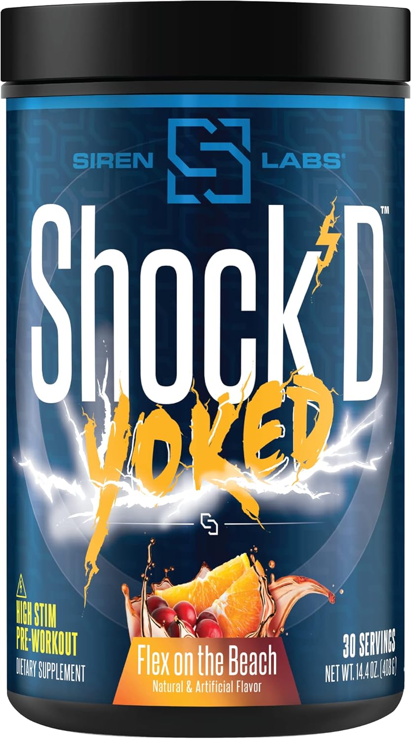 SIRENLABS Shock’D Yoked High Stim Pre-Workout – Caffeine, Taurine, Citrulline Malate, Agmatine, Betaine Anhydrous–High Energy & Powerful Muscle Pumps-Nitric Oxide–Flex on The Beach (30 Servings)