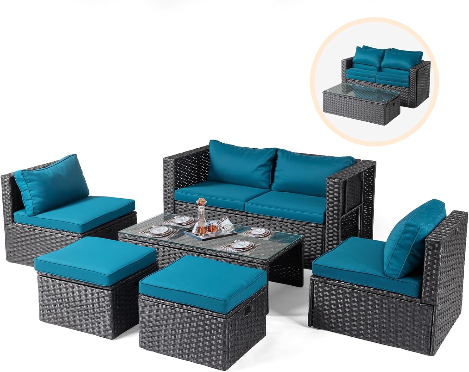 VINGLI 6 Pieces Wicker Patio Furniture Set, Outdoor Sectional Furniture Patio Conversation Set Space-Saving Design with Ottomans and Coffee Table for Garden,Poolside, Backyard (Black)