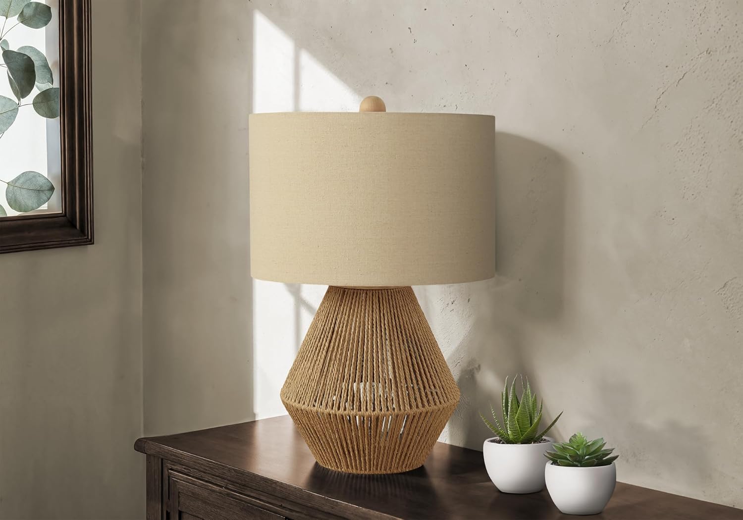 Monarch Specialties I 9628 LightingTable Lamp, Brown Rope, Beige Shade, Transitional