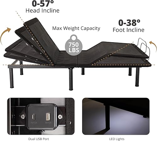 Miniatura 4 de Base de cama ajustable Queen con control remoto inalámbrico + colchón de espuma viscoelástica de gel de carbón Queen de 12 pulgadas en una caja,