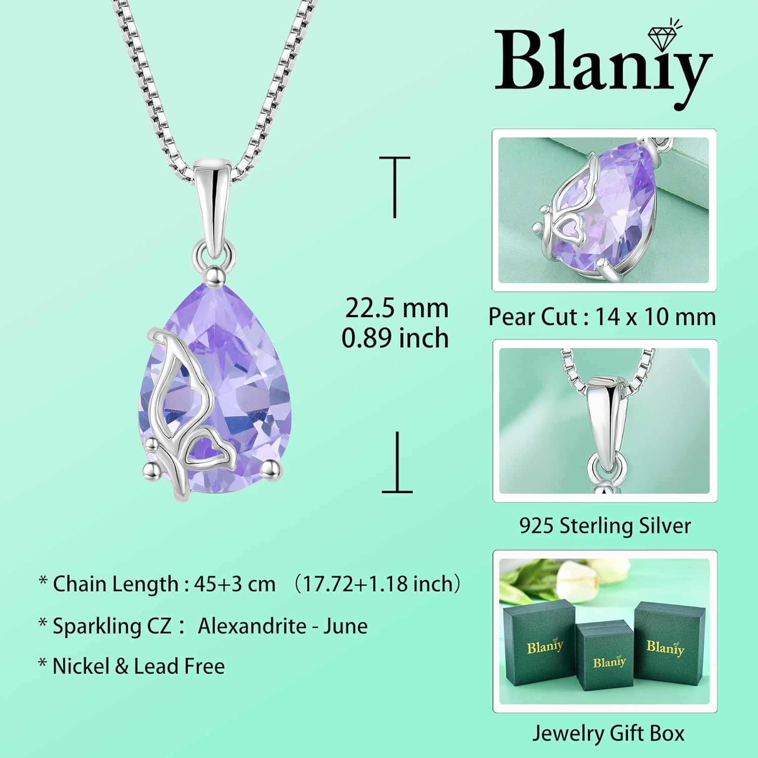 Butterfly Necklace 925 Sterling Silver Teardrop Birthstone Pendant Necklace Butterflies Jewelry Gifts for Women - Image 6