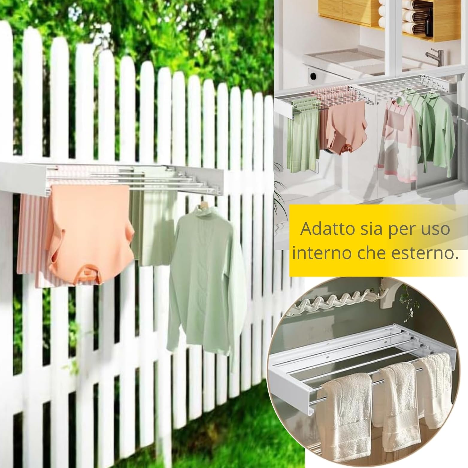 Stendino da Parete Pieghevole Estensibile Retrattile 80 cm con 24 Pinze Stendibiancheria da Muro Richiudibile Antiruggine Interno Esterno Salvaspazio