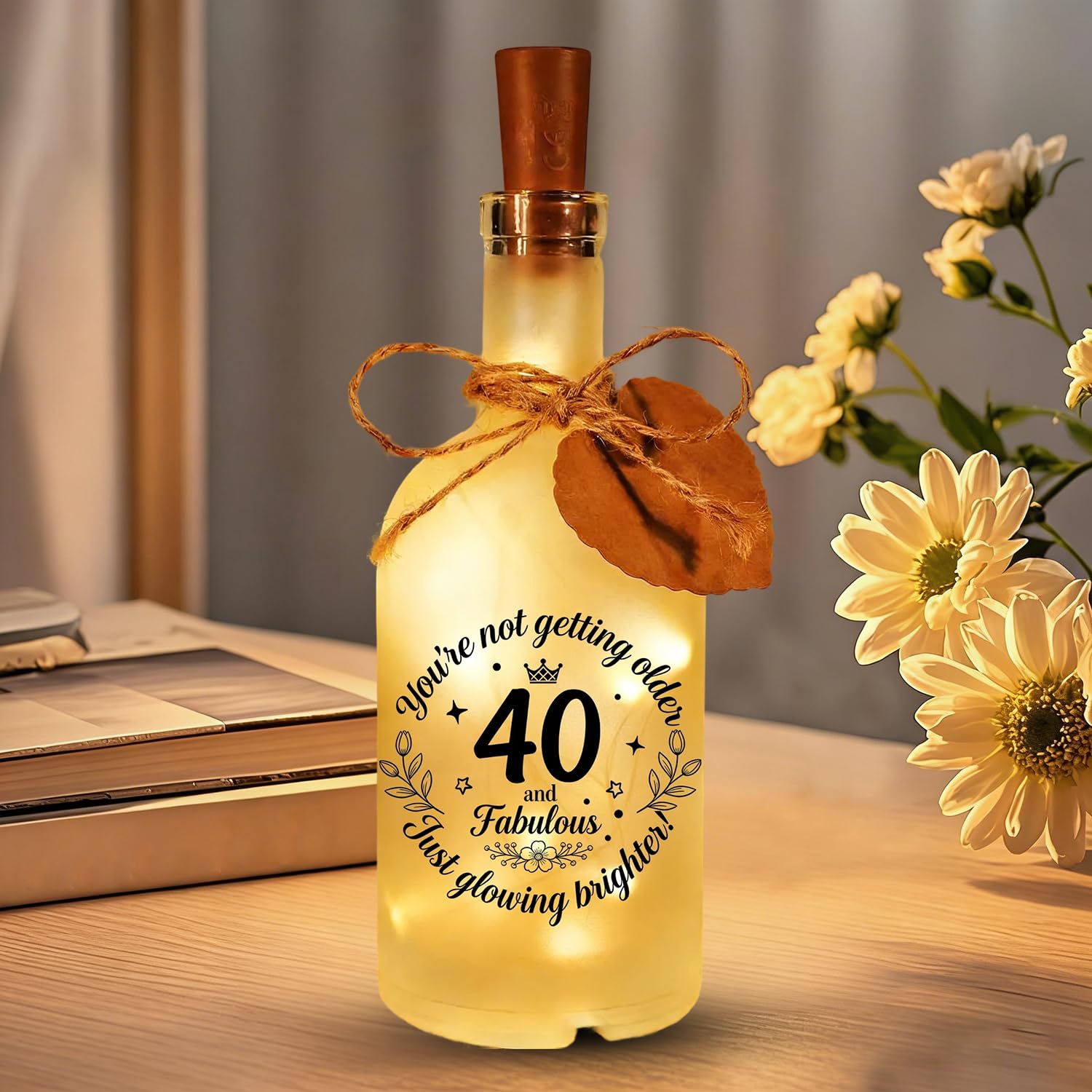 Srumvoat 40th Birthday Gifts for Women, LED Bottle Decorative Light with String Lights and Heart Tag, 40 Years Old Gift for Her for Mum Wife Daughter Sister Bestie Friends for Birthday Party Christma