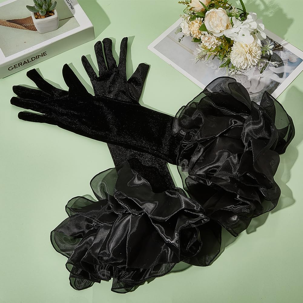 CABODYALS Black Satin Wedding Gloves Long Retro Formal Soft Velvet Stretchy Mittens with Sheer Tulle Ruffle Pleated Cuff Over Elbow Glove for Adult Women Costume Bridal Evening Dress Halloween Cosplay - Image 3