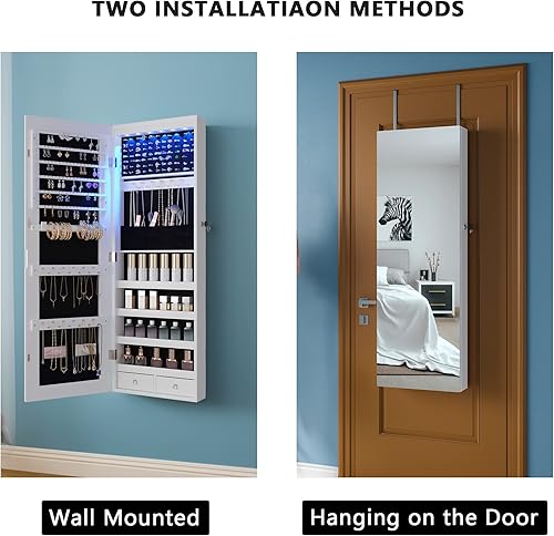 Miniatura 3 de HNEBC Organizador de joyas montado en la pared con 6 luces LED armario de joyería con espejo armario de joyería de espejo de longitud completa