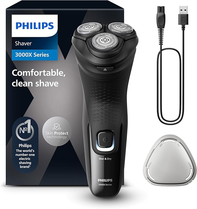 Philips Serie X3000 Afeitadora Eléctrica Hombre, Máquina de Afeitar Barba con Cortapatillas, 27 cuchillas, Cuida la piel, 40min de uso, En Seco y Húmedo, Recargable, X3001/00, Negro