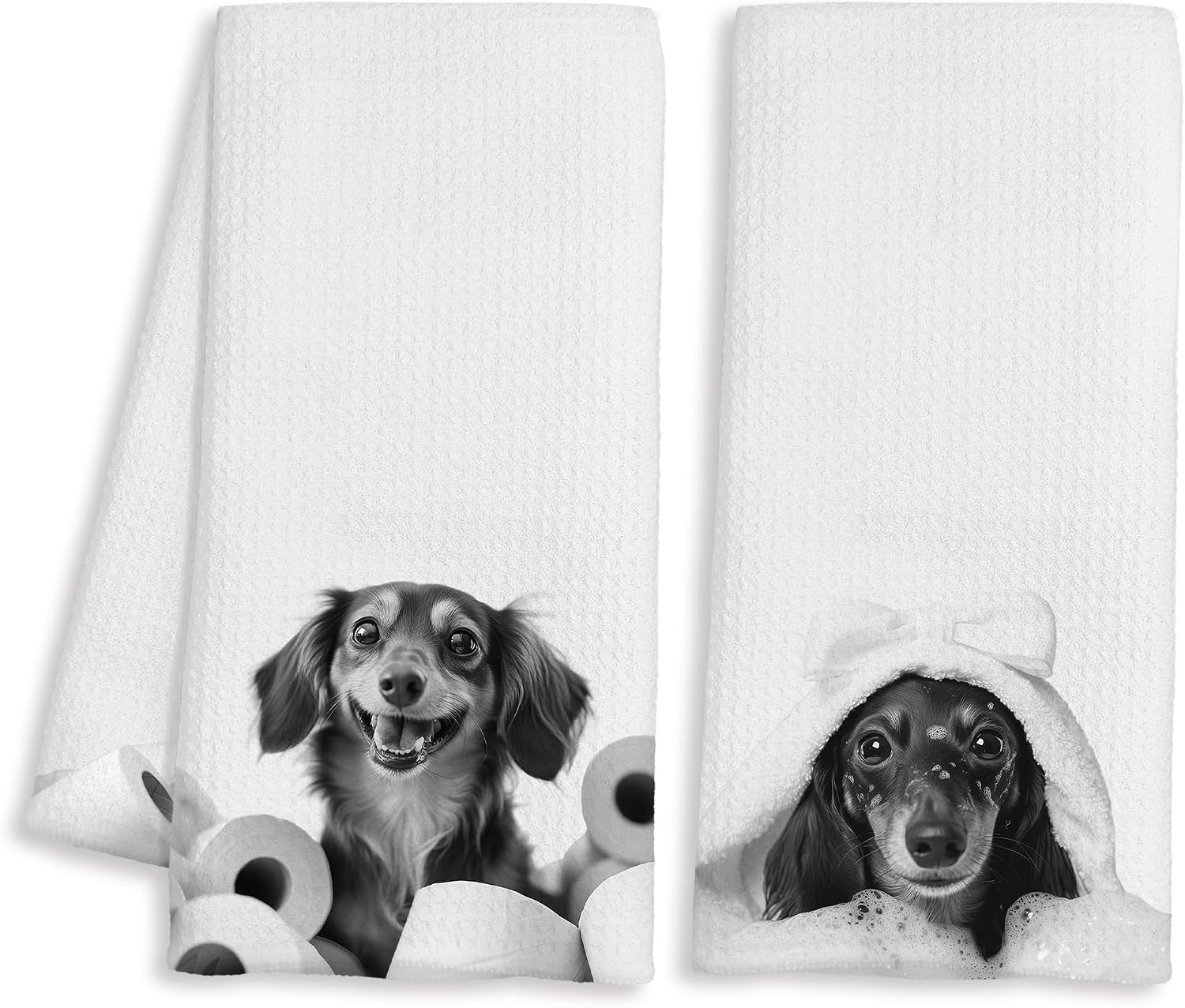 Funny Dachshund Bathroom Hand Towels, Cute Weiner Dog with Bathrobe and Toilet Paper Decorative Hand Towels for Kids Bathroom Washroom Restroom, Dachshund Lover Gifts, 16x24 Inch Set of 2