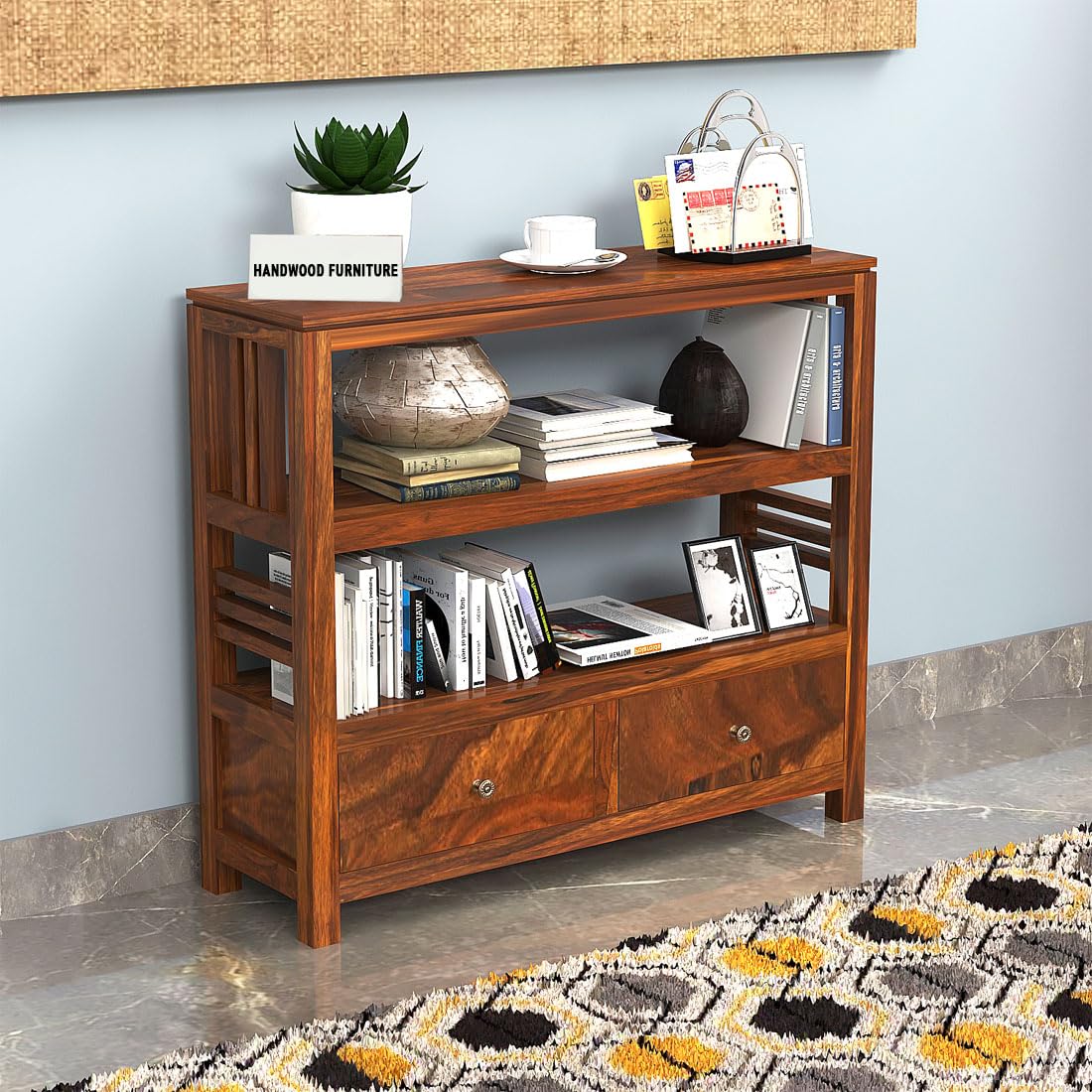 HANDWOOD FURNITURE Modern Home Furniture Multipurpose Solid Wood Semi-Open Book Shelf for Library Home & Office | Kitchen Rack | Honey Finish | Pre-Assemble