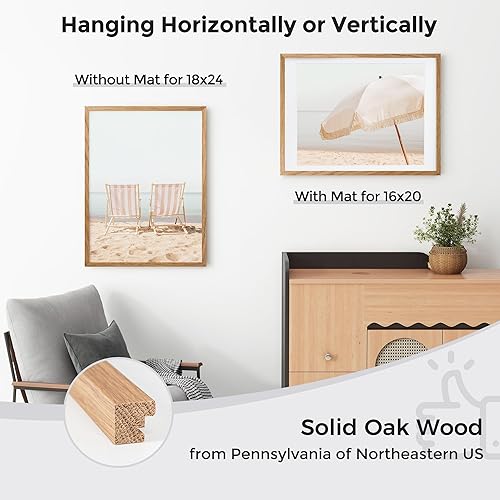 Miniatura 3 de Marco para póster de 18 x 24 pulgadas con paspartú de 16 x 20 pulgadas, marco de fotos de madera de roble macizo con vidrio templado, marco de fotos