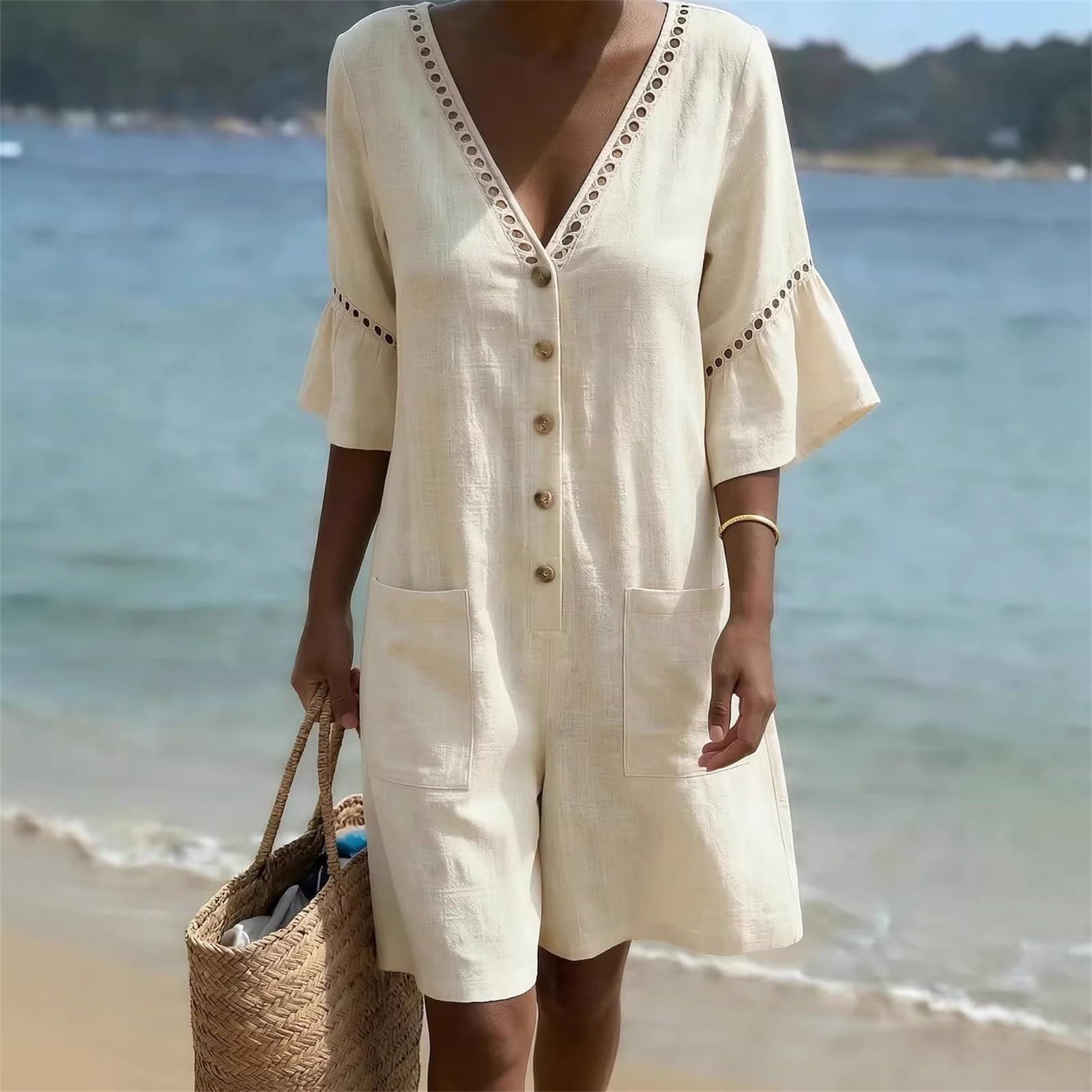 Mono de verano corto de algodón para mujer, elegante, cuello en V
