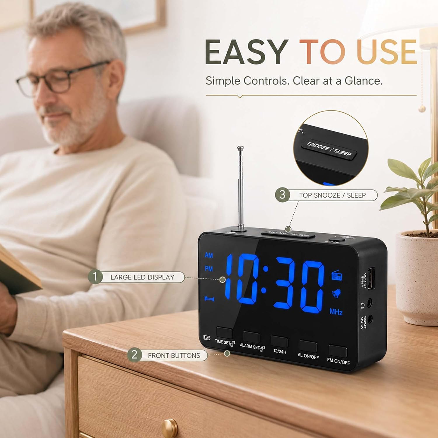 809BT Alarm Clock FM Radio, Snooze/Sleep Timer, USB Charging