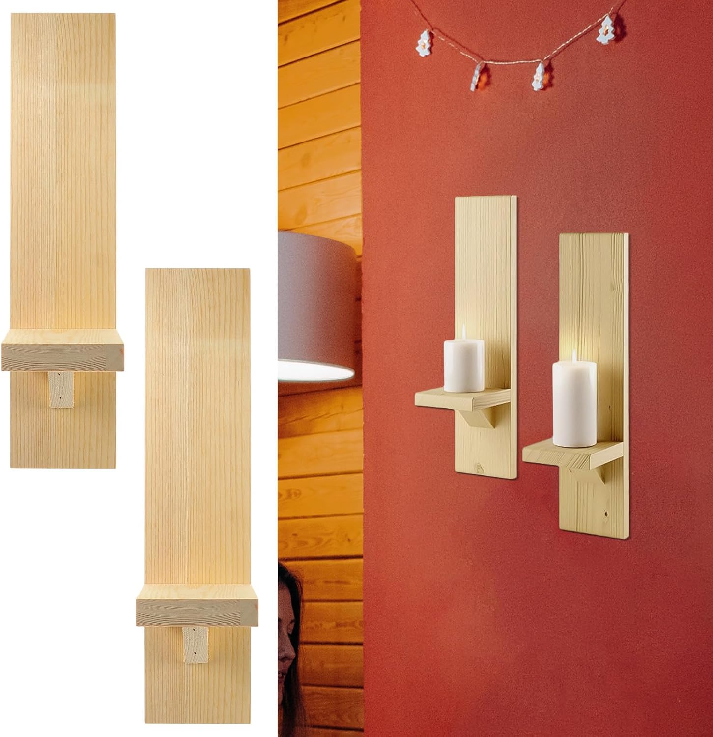 Wooden Wall-Mounted Candle Holder Pair, Rustic Decorative Tealight Sconces for Wedding and Festival, Vintage Style Candle Holder for Dining and Living Room Home Décor